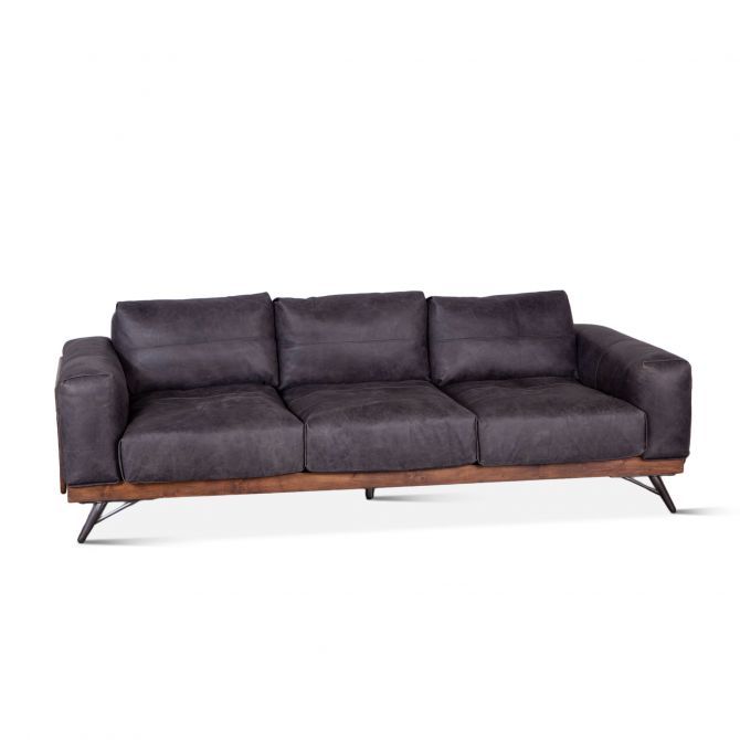 Portofino 95" Antique Ebony Leather Mid Century Sofa