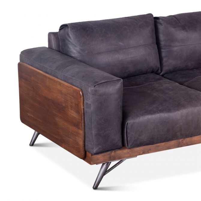Portofino 95" Antique Ebony Leather Mid Century Sofa