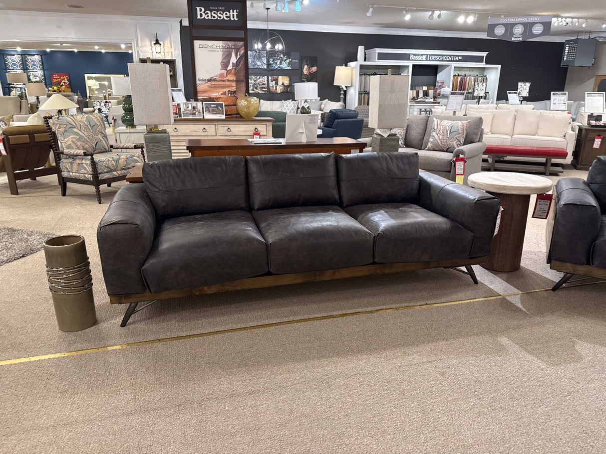 Portofino 95" Antique Ebony Leather Mid Century Sofa